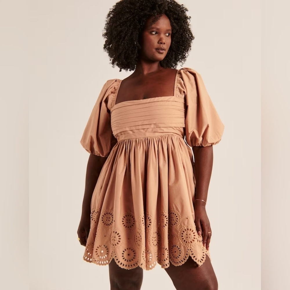 Abercrombie Emerson Poplin Puff Sleeve Mini Dress‎ Eyelet Romantic Medium Taupe